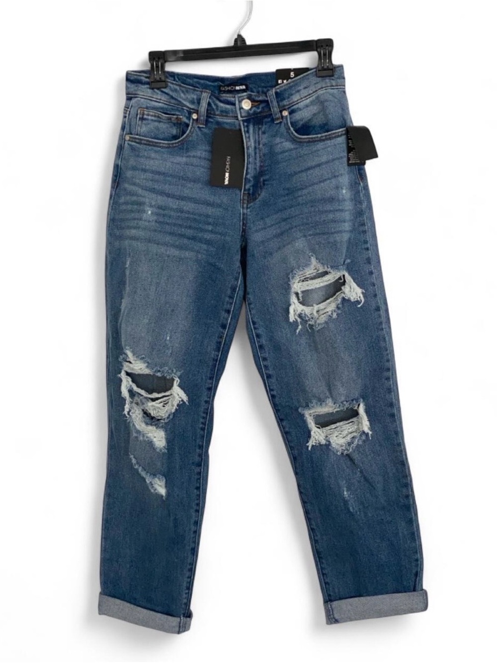 Fashion Nova Distressed Rolled Cuff Boyfriend Jeans - Blue - Size 5
